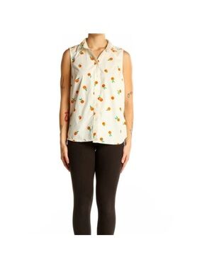 J. Crew White Sleeveless Button-Down with Orange Print